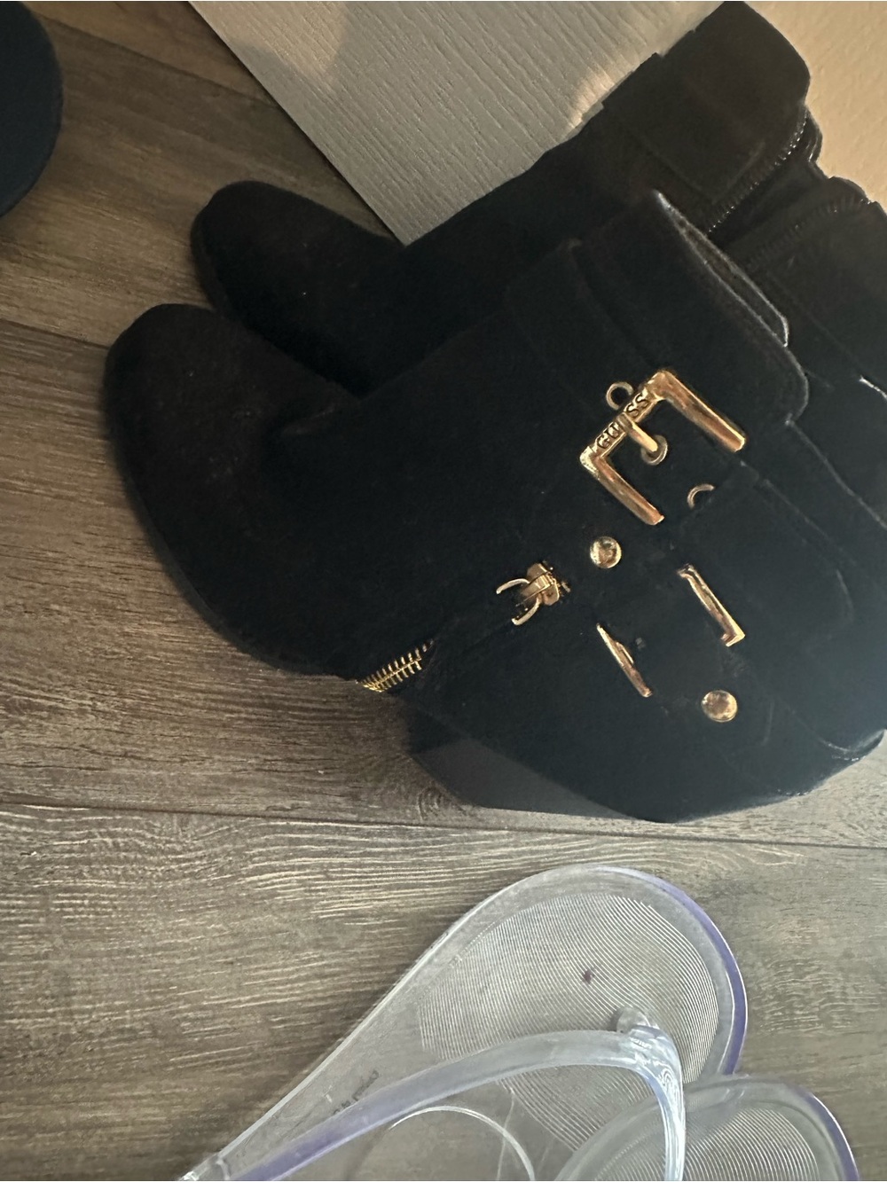 Guess Black Suede Ankle Booties with Gold Hardware